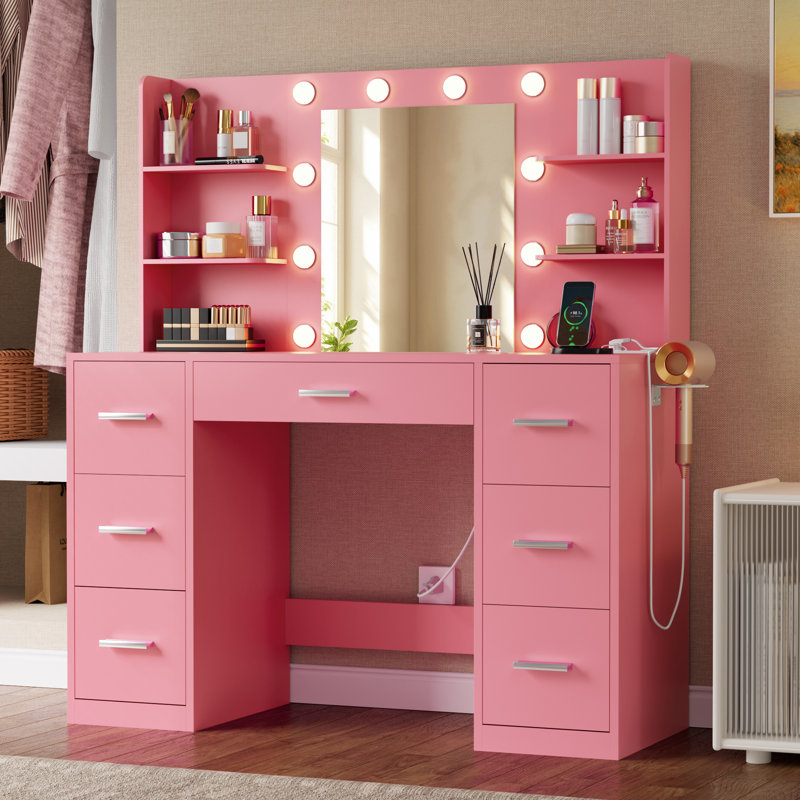 Ragin Makeup Vanity With Usb Power Outlet And 3 Modes Adjustable Brightness Light, 54.1" H x 43.3" W x 17.7" D, Light Pink
