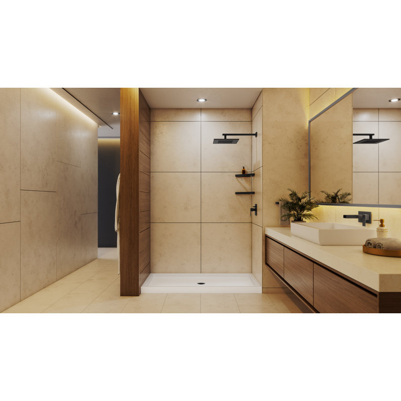 DreamLine SlimLine 30 inch D x 60 inch W x 2 3/4 inch H Single Threshold White Alcove Shower Base with 2 inch Matte Black Center Round Drain