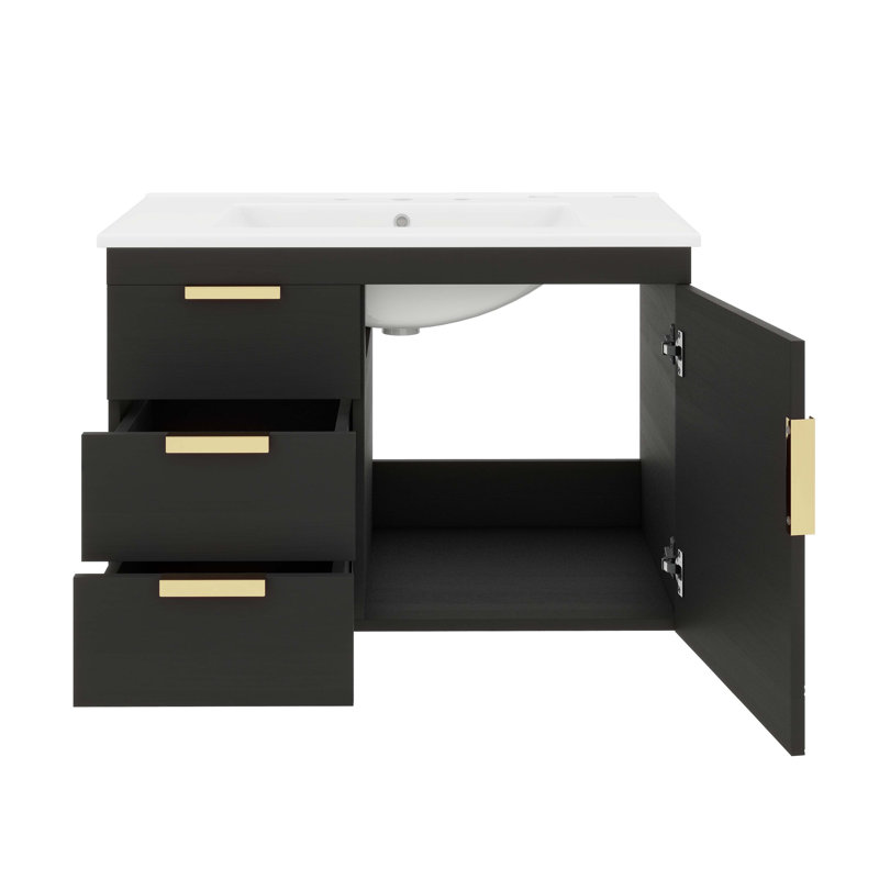 30" Modern Wall Mounted Bathroom Vanity With Ceramic Basin – Soft-Closing Door & Drawers For Sleek Storage, Black