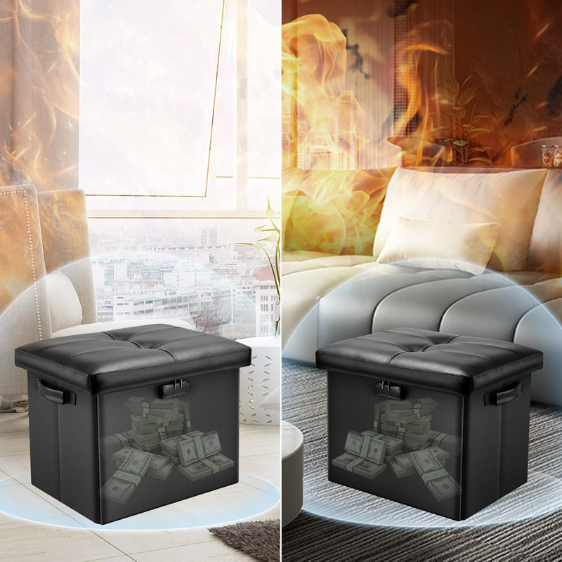 Black Fireproof PVC Leather Storage Ottoman with Lock