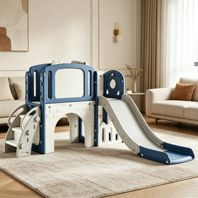 Ensemble 6-en-1 multifonctionnel de glissade pour tout-petits avec grimpeur, panier de basketball, tunnel et rangement, aire de jeux extérieure pour enfants