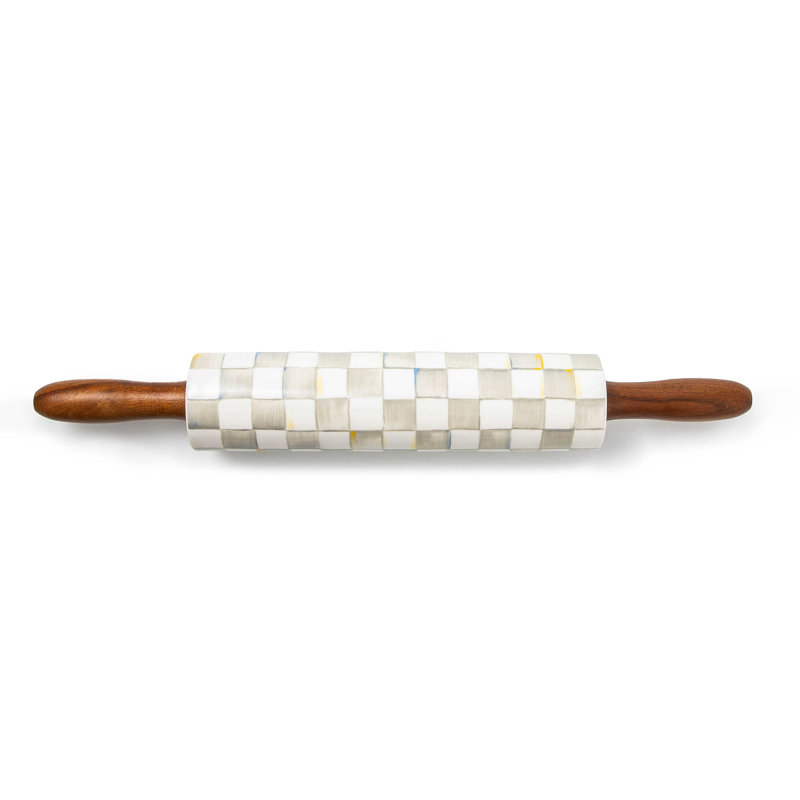 Gray and White Checkered Ceramic Rolling Pin with Wood Handles