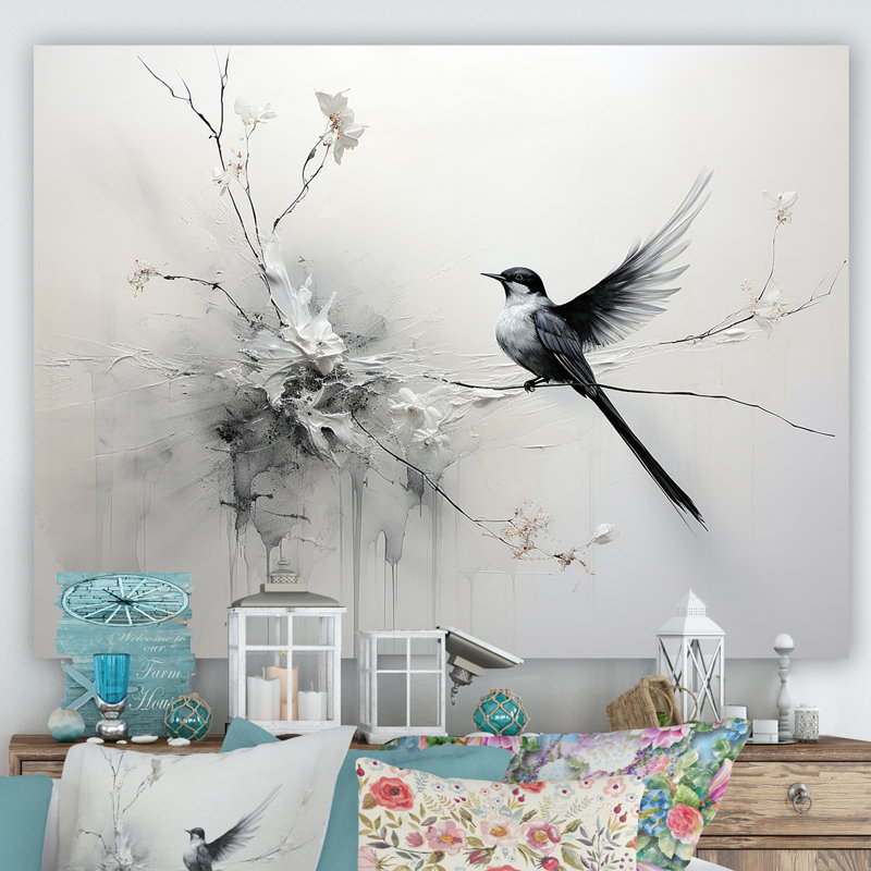 Minimalisme, oiseaux, paradis, branche florale IV sur toile, H 30 po x l 40 po x P 1,5 po