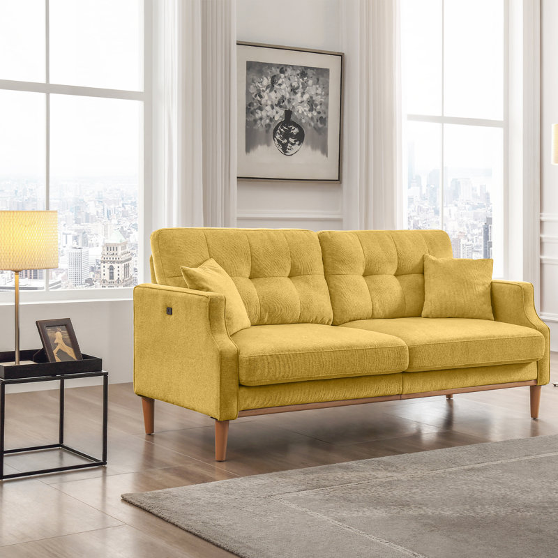 70.1" Living Space Sofa 3 Seater With Waterproof Fabric , Usb Charge Port, Yellow 100% Linen