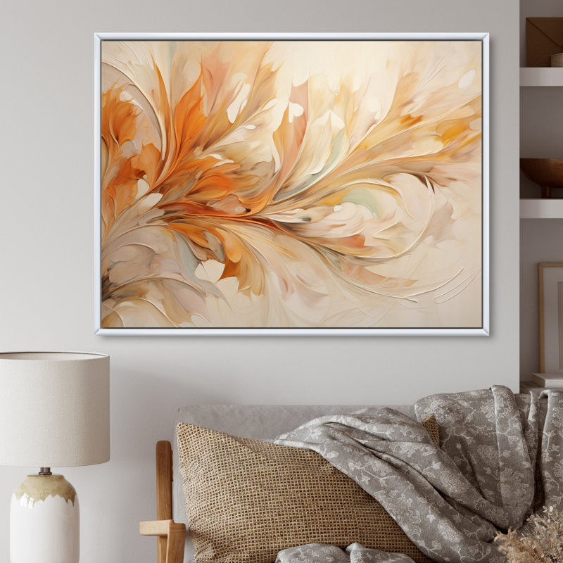 Feuilles tourbillonnantes beige et jaune I - impression, Cadre flottant blanc, H 16 po x l 32 po x P 1 po