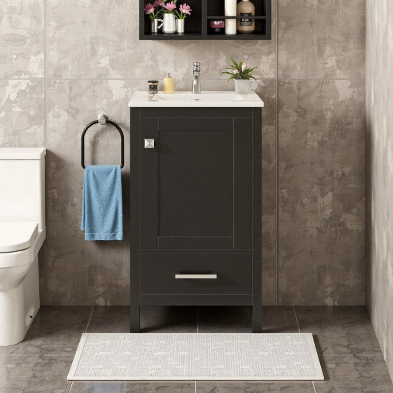 Meuble-lavabo moderne de 20 pouces avec lavabo en céramique, tiroir et porte à fermeture en douceur, supports de rangement doubles et tiroir séparateur