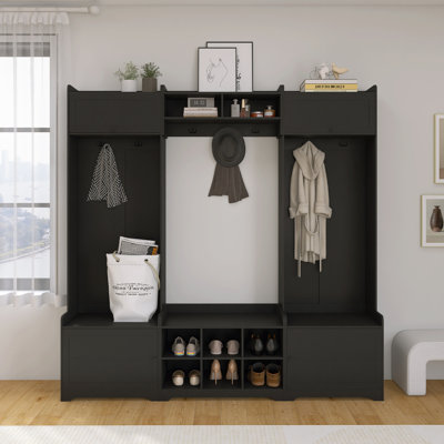 Modern Hall Tree With Shoe Storage, 4-In-1 Entryway Bench With 8 Cubbies, 7 Coat Hooks & Adjustable Shelf,Black