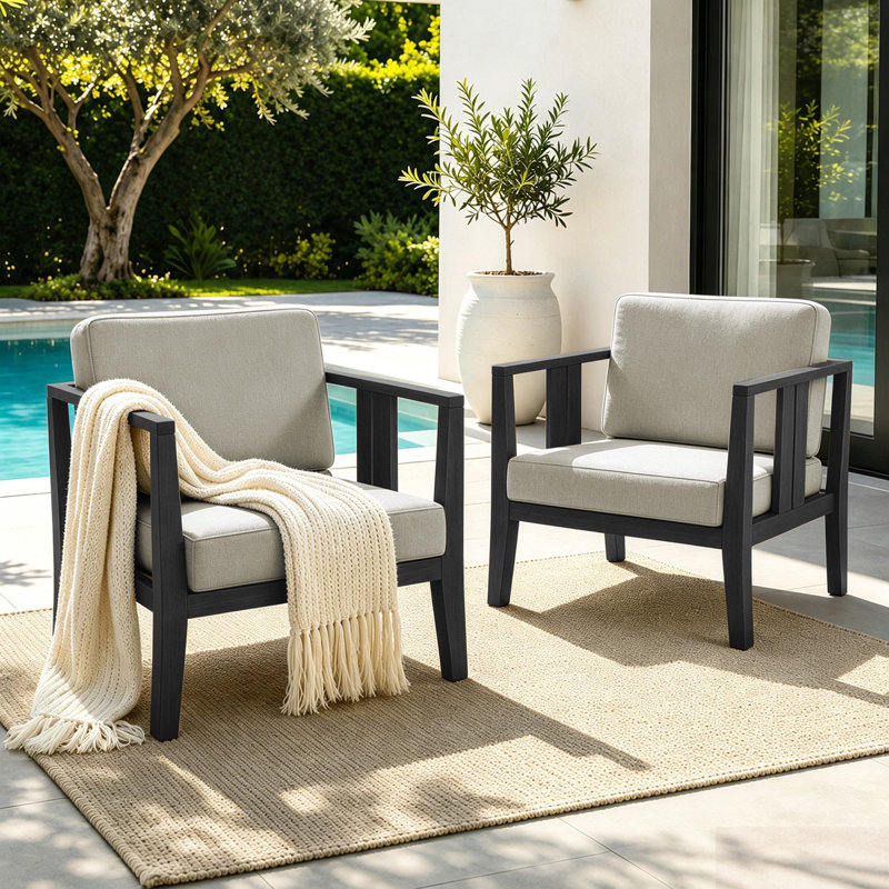 Junco Solid Wood Teak Outdoor Lounge Chair With Cushion And Arm, Light Camel, Black