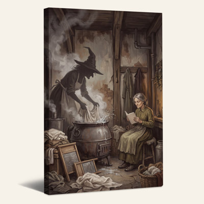 Sorcière et femme dans une buanderie rustique - Toile murale d'Halloween