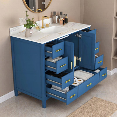 Meuble-lavabo avec lavabo, comptoir en quartz blanc de Carrare avec 3 trous pré-percés pour robinetterie, deux portes doubles à fermeture amortie et neuf tiroirs, blanc