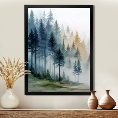 Morning Fog Pine Tree Mountain Trail - Pine Framed Prints, Blue Nature Canvas Wall Art