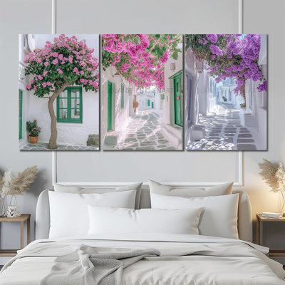 3Pcs Mykonos Town Wall Art Greece Street Flower Picture Canvas Painting Prints For Home Dining Room Living Room Wall Decor Poster Artwork(16" X 24" X 3 Panels Framed)
