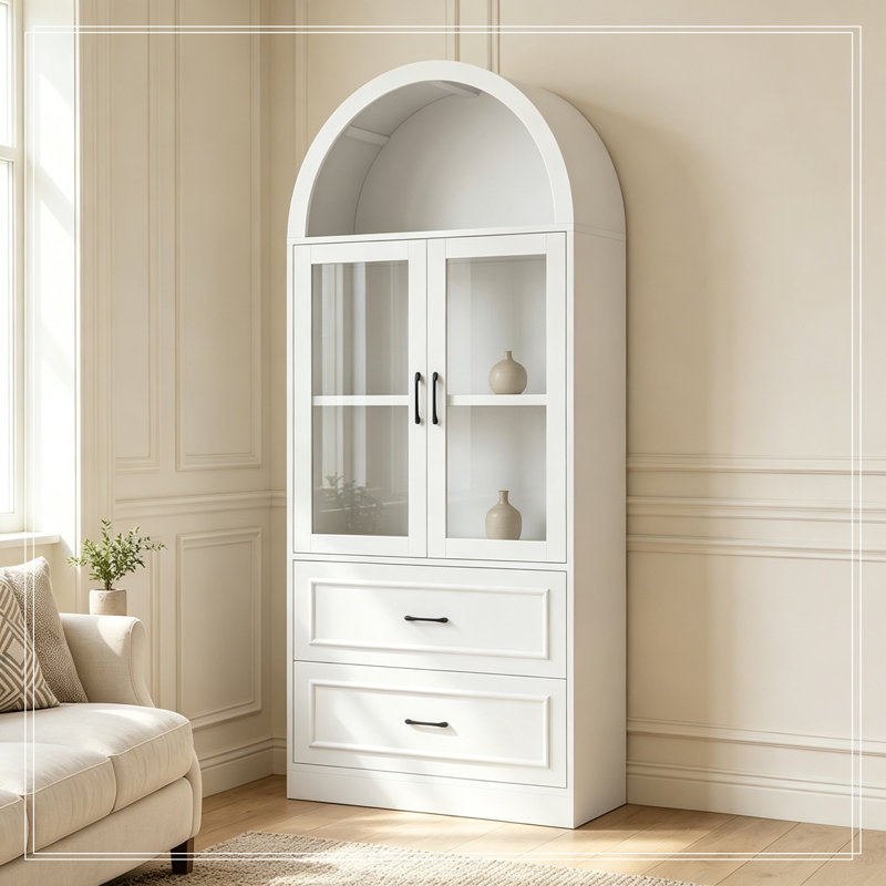 Armoire de rangement arquée avec portes en verre trempé et 2 grands tiroirs, White