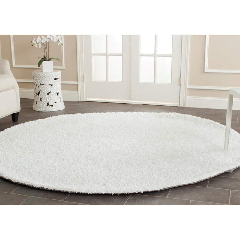 Assar Handmade Shag White Area Rug , Round 5'