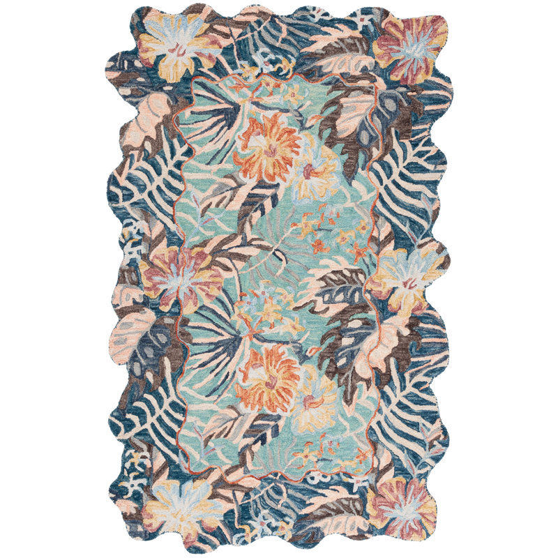 Tapis bleu marine / turquoise en laine / coton touffeté à la main Carachure 355, Rectangle 3 pi x 5 pi