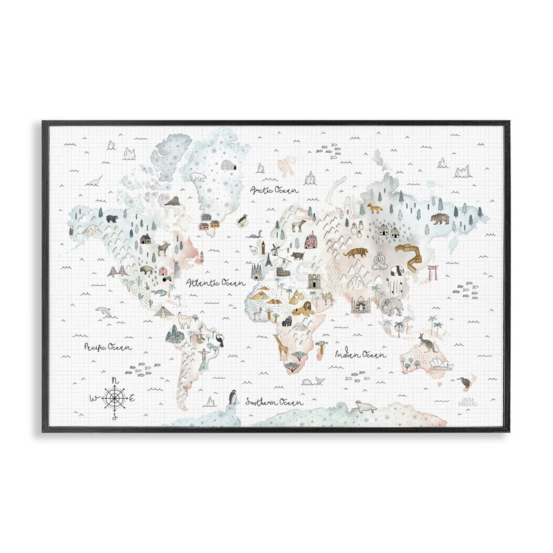  «Whimsical World Traveller», art de la giclée encadrée par Laura Marshall, H 12 po x l 18 po, Giclée encadrée noir minuit