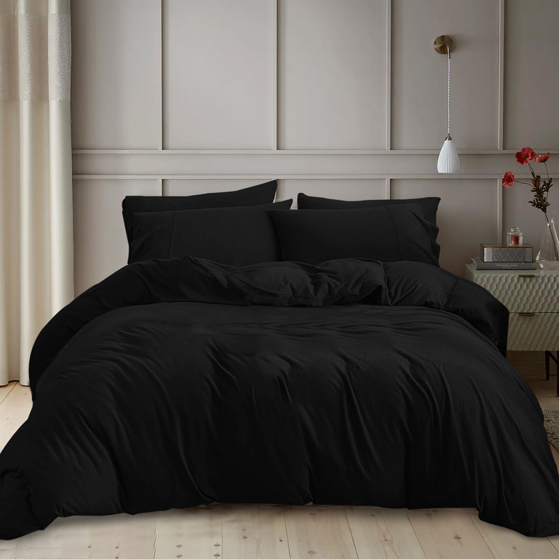 Kiranjot Microfibre 200 TC Reversible Modern & Contemporary Duvet Cover Set With Pillow Cases, 230cm x 220cm, Black