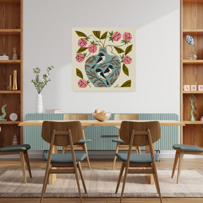 Trois oiseaux roses dans un vase abstrait contemporain