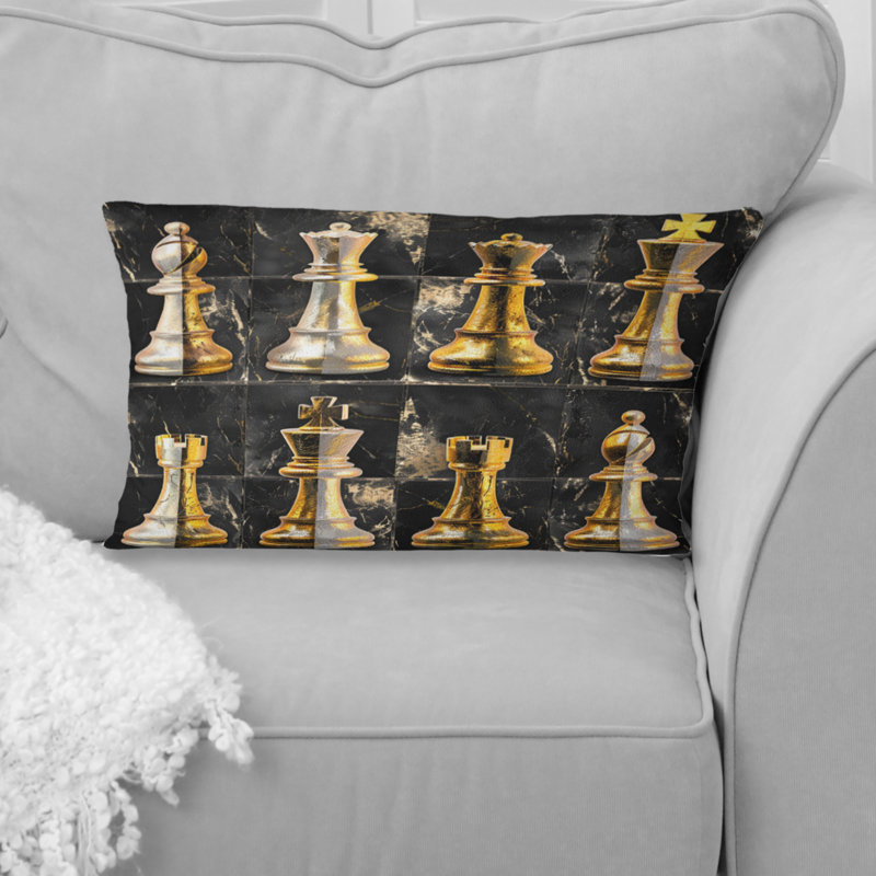 Coussin lombaire doré à motif d'échecs noir I, Forme rectangulaire, H 12 po x l 20 po