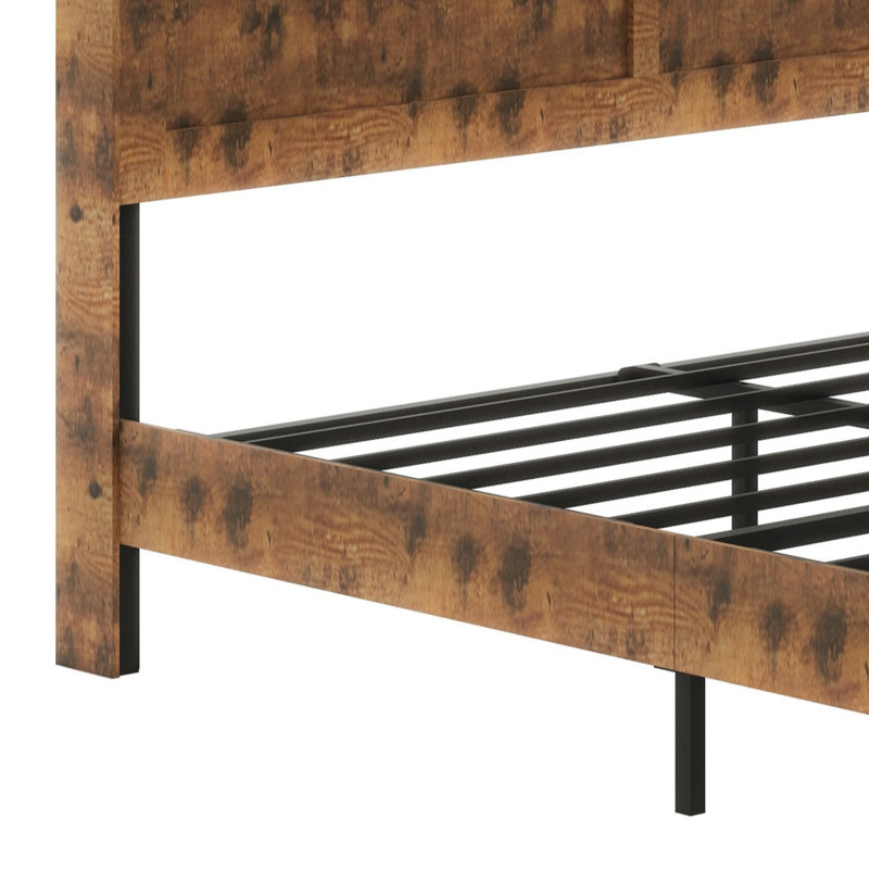 Structure de lit plateforme en bois avec tête de lit à DEL et USB, Grand, Marron foncé