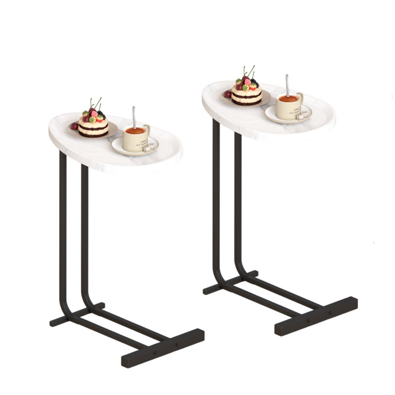 2-Pieces C-Shaped Side Table C Table Living Room End Table Wood End Table With Metal Frame, White