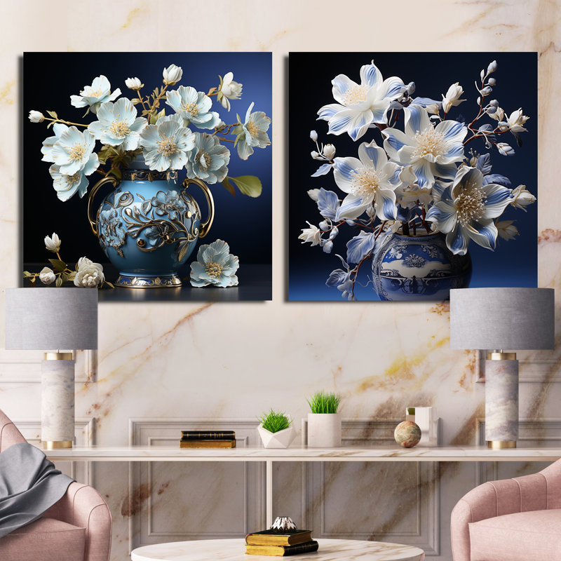 Arrangement de fleurs d'hibiscus blanc - ensemble de 2 collages carrés d'hibiscus, H 16 po x l 33 po, Toile tendue