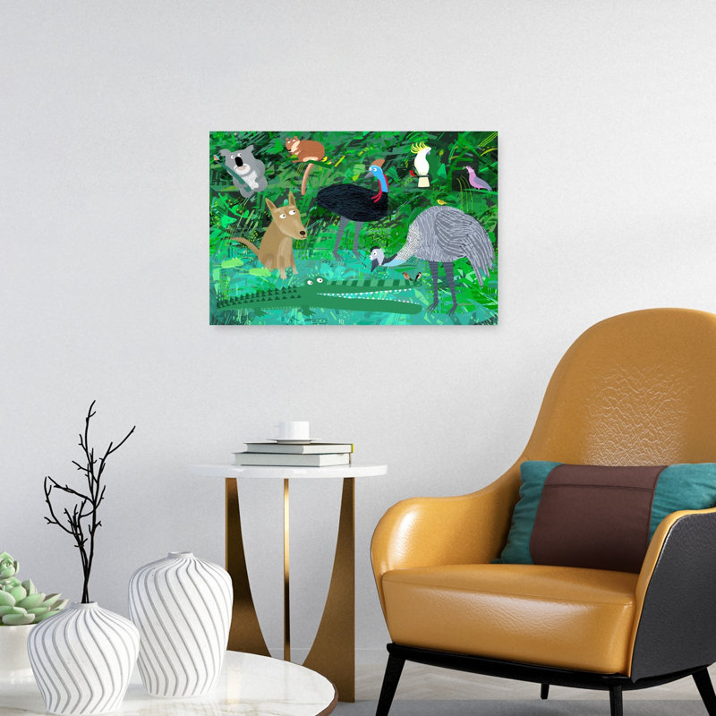 Drôle d'animaux australiens dans la jungle par Carla Daly, alligator, crocodile, art mural tropical, 16" H x 24" W