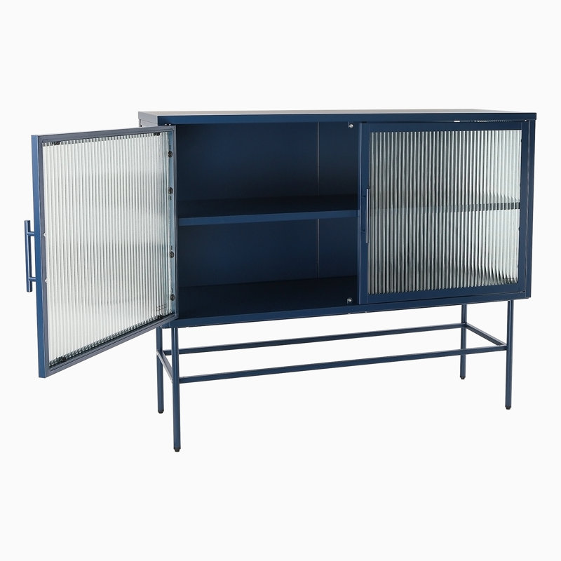 Sideboard Cabinet with 2 Fluted Glass Doors and Adjustable Shelf, Blue
