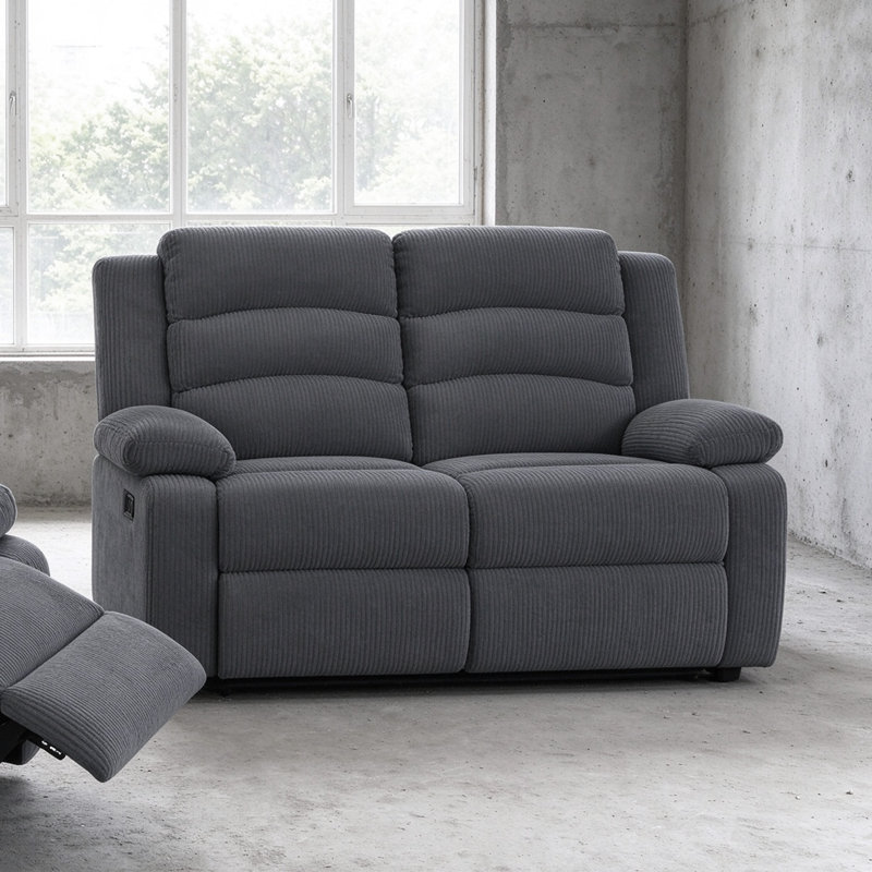 Manual Reclining Loveseat with Rounded Armrests, Dark Grey Corduroy