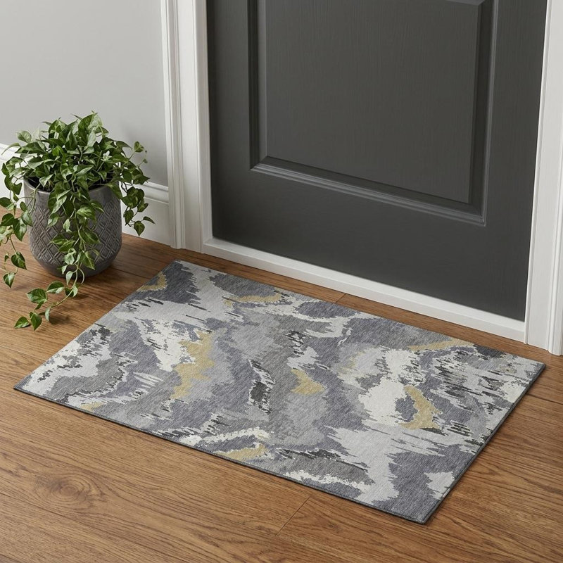 3' X 5' Gray Gold And Ivory Abstract Washable Area Rug With UV Protection