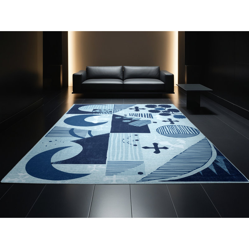 Tapis bleu moelleux moelleux à motif de blocs d'inspiration mondiale Narberth, Carré 7 pi