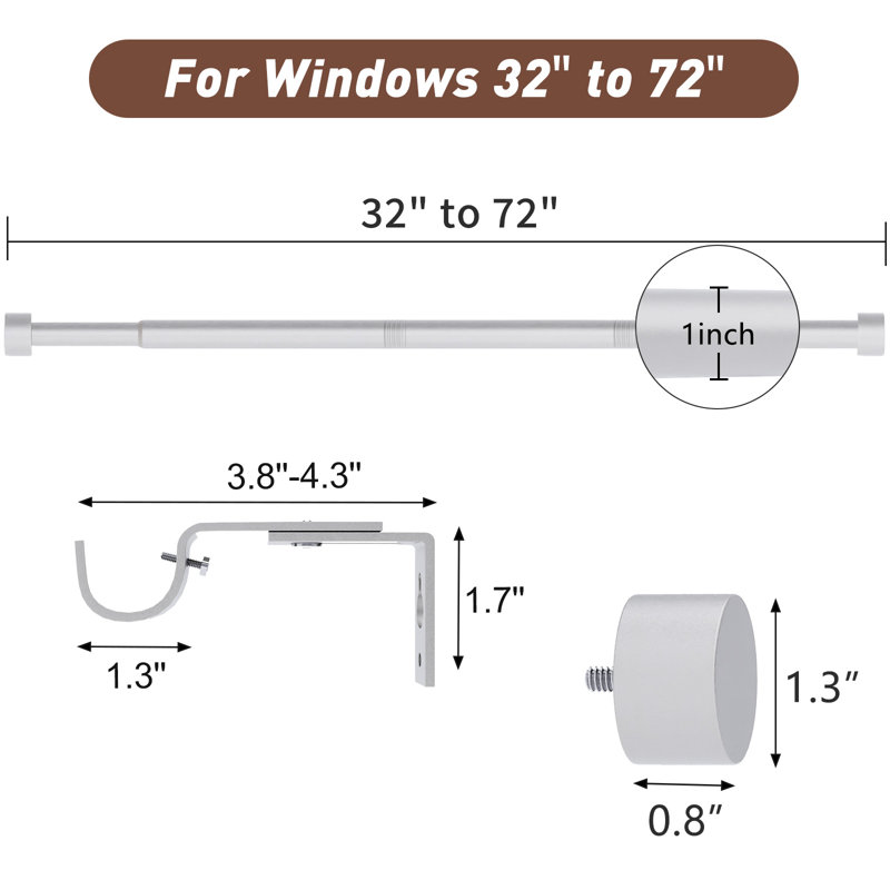 Lachina Arnel 1 Inch Window Curtain Rod with Aluminium Finials, Adjustable Heavy Duty Modern Drapery Pole for Outdoor/Indoor