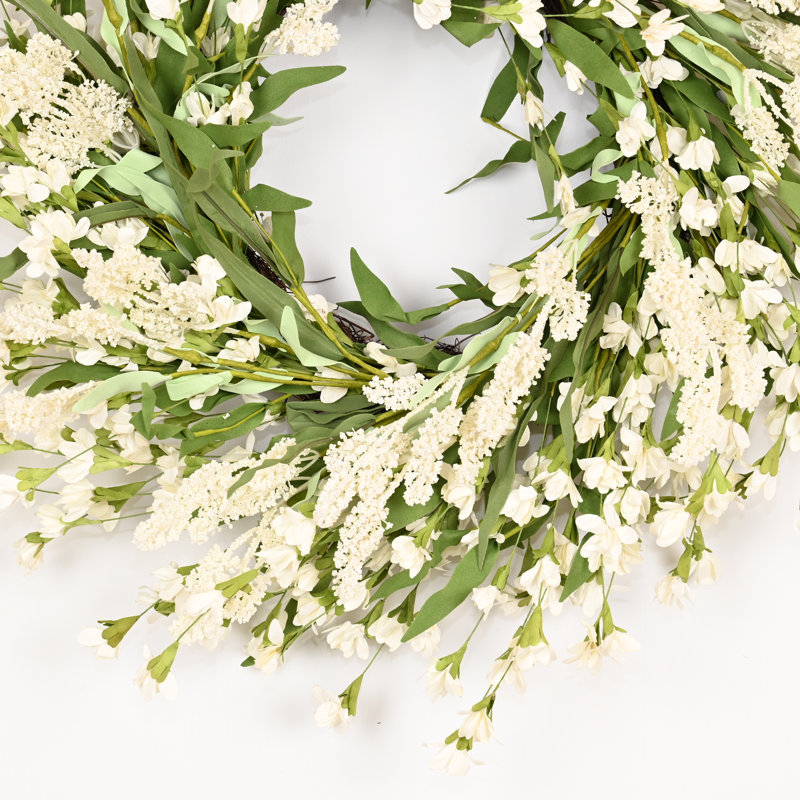 Couronne de porte artificielle 24 po printemps été fleur de grappe, Blanc