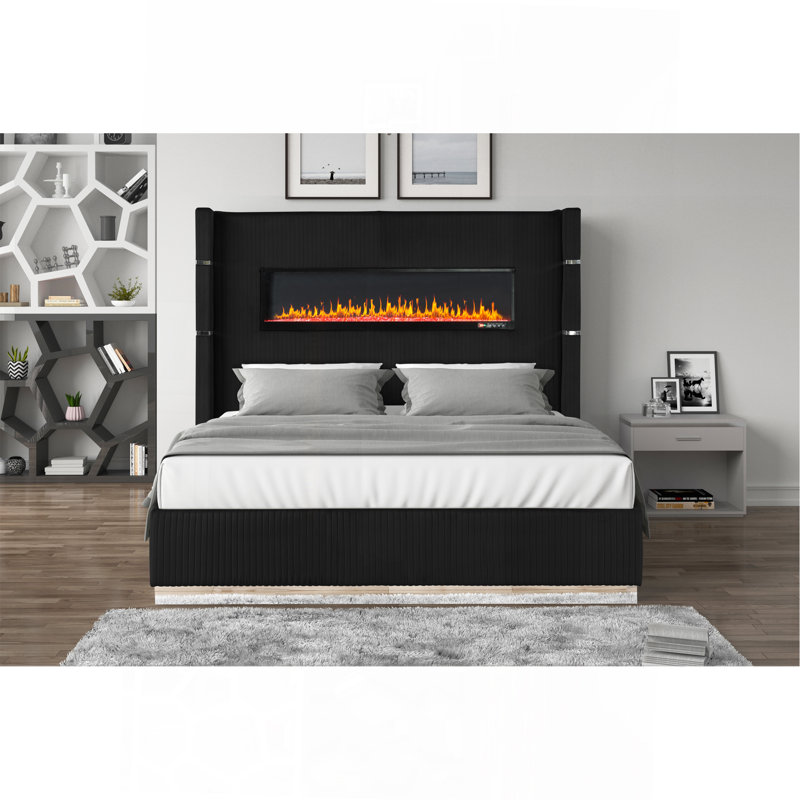 Ensemble de chambre à coucher avec lit tapissier 5 pièces avec éclairage ambiant et finition velours noir