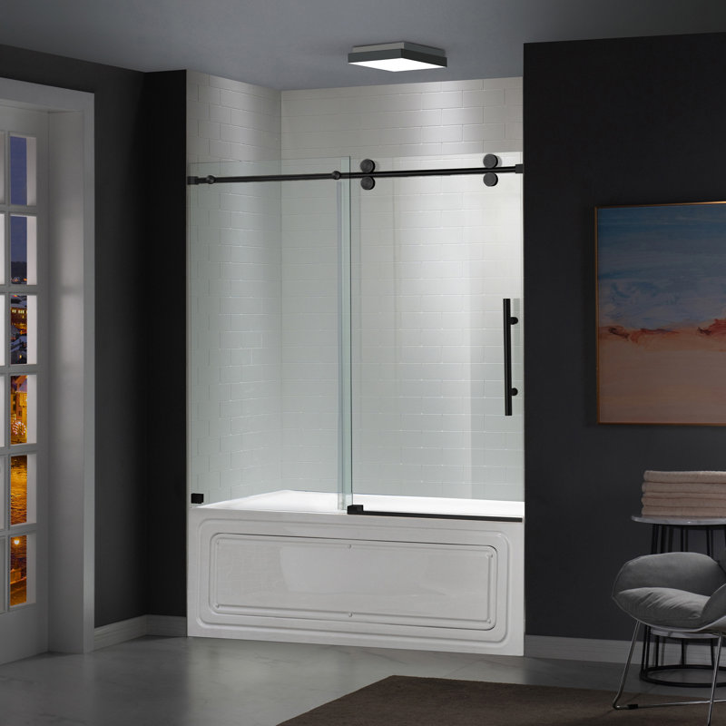 Frameless Bathtub Shower Doors 56-60" Width X 66" Height With 5/16"(8Mm) Clear Tempered Glass,  Single Sliding With Side Seal Strips