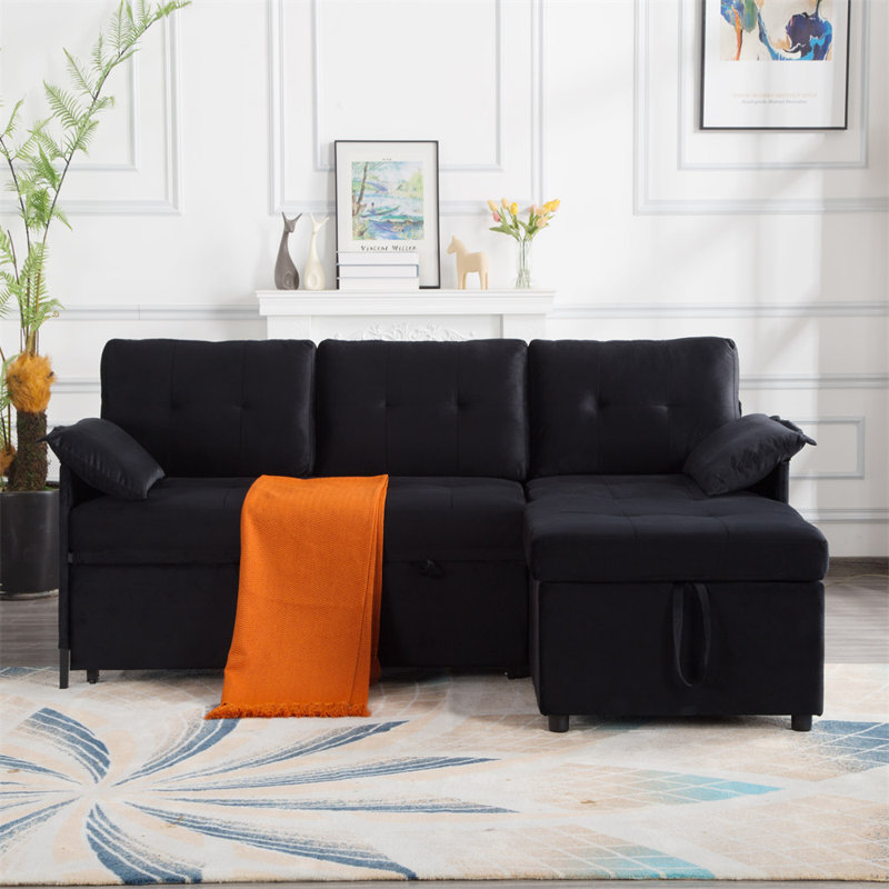 77.6” Reversible Sectional Sleeper Sofa, Black Velvet