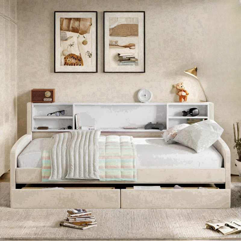 Lit plateforme tapissier avec tablettes de rangement et 2 tiroirs Jamesburg, Beige