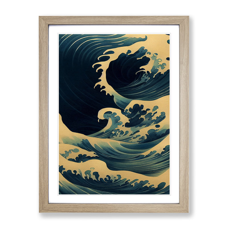Traditional Japanese Wave No.5 - Wall Art, 36cm H x 27cm W, Oak Framed, White