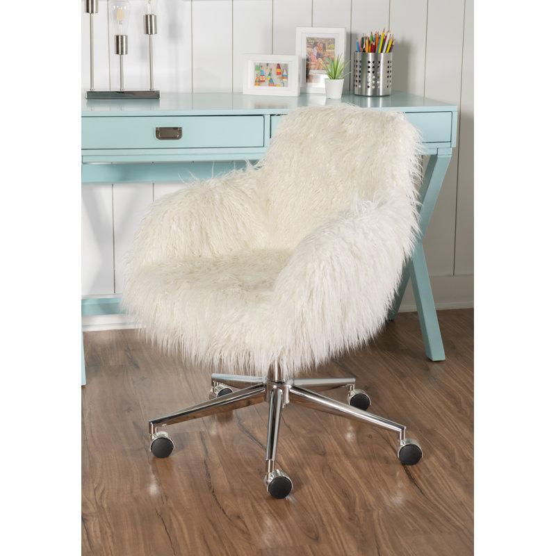 Chaise de travail en similifourrure de style contemporain avec base chromée et roulettes Liyan, Blanc cassé