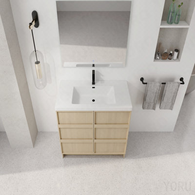Meuble-lavabo autoportant de 42 po avec lavabo en résine et 2 portes d'armoire à fermeture en douceur, contreplaqué, chêne Dune (Kd-Packing)