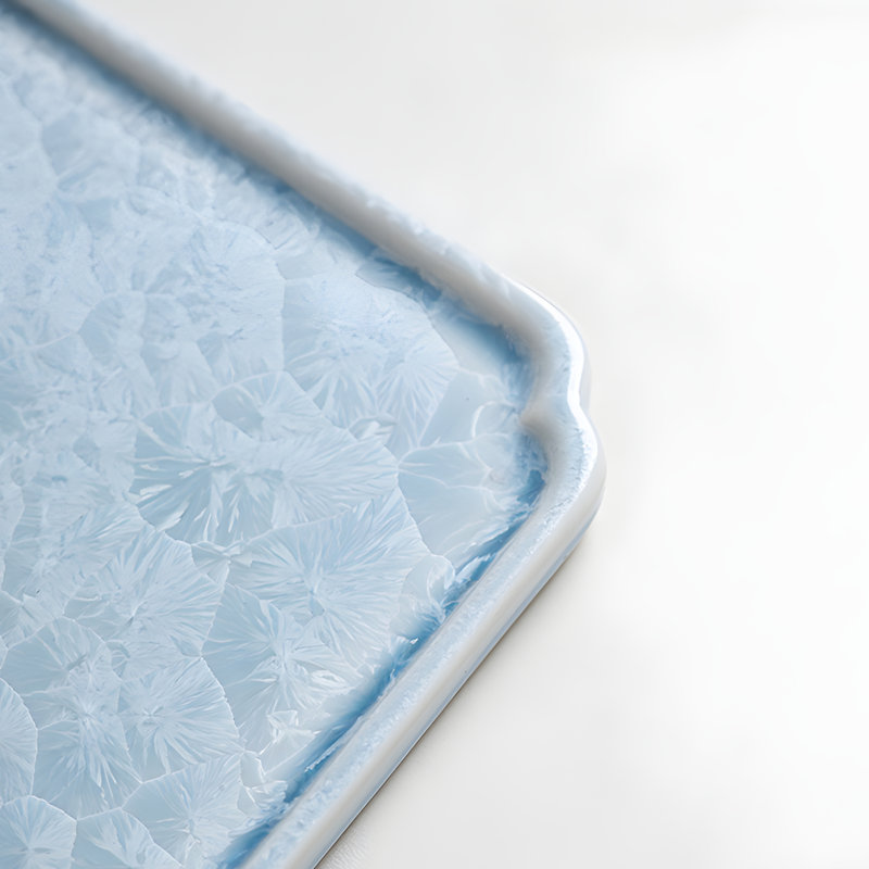 Ice Flower Crystal Glazed Ceramic Tea Sea Tray - Simple Office Tea Set With Peaceful White Moonlight On Tea Mat