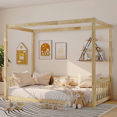 Twin Size Canopy Frame Floor Bed With Fence,Guardrails,Natural (Old Sku:W504P143279)