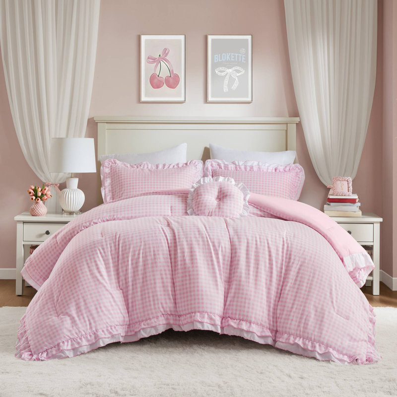 Rowena Pink Printed 4-Piece Full/Queen Comforter Set, Full Comforter + 3 Additional Pieces, Pink