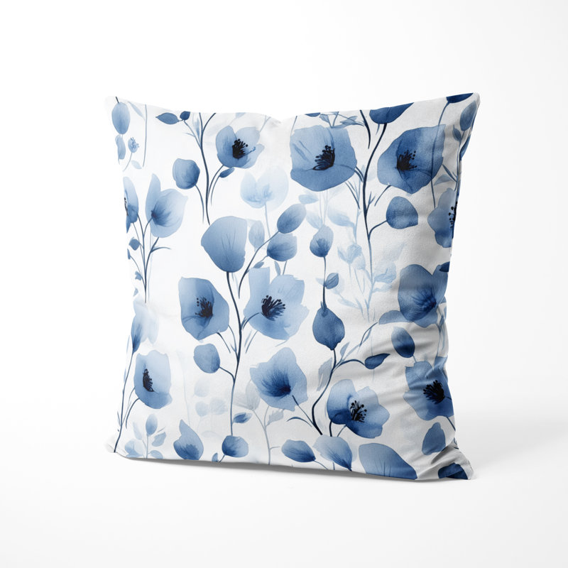 Coussin Floral - Coussin imprimé fleurs bleues, H 16 po x l 16 po