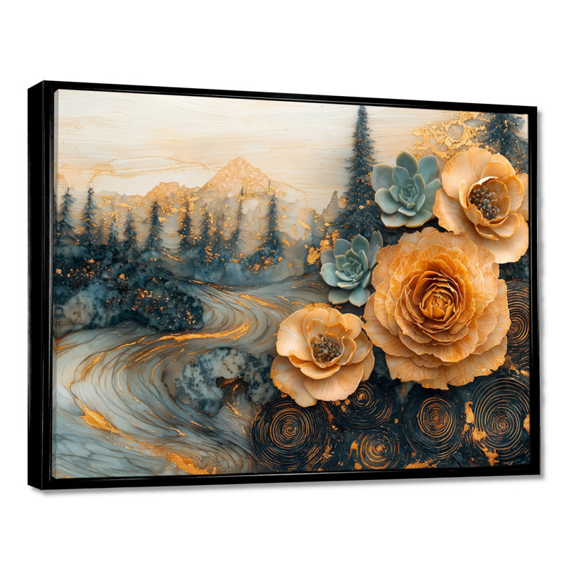 Moheez en bois fleurs succulentes dans la rivière paysage II - art mural succulent, H 24 po x l 32 po, Noir