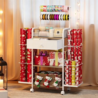  Wrapping Paper Storage Cart with Heavy-Duty Wheels for Carpet, Rolling Gift Wrap Station with Fabric Drawer & Ribbon Holder, Metal Craft Organizers and Storage for 12x12 Paper & Long Rolls, Christmas