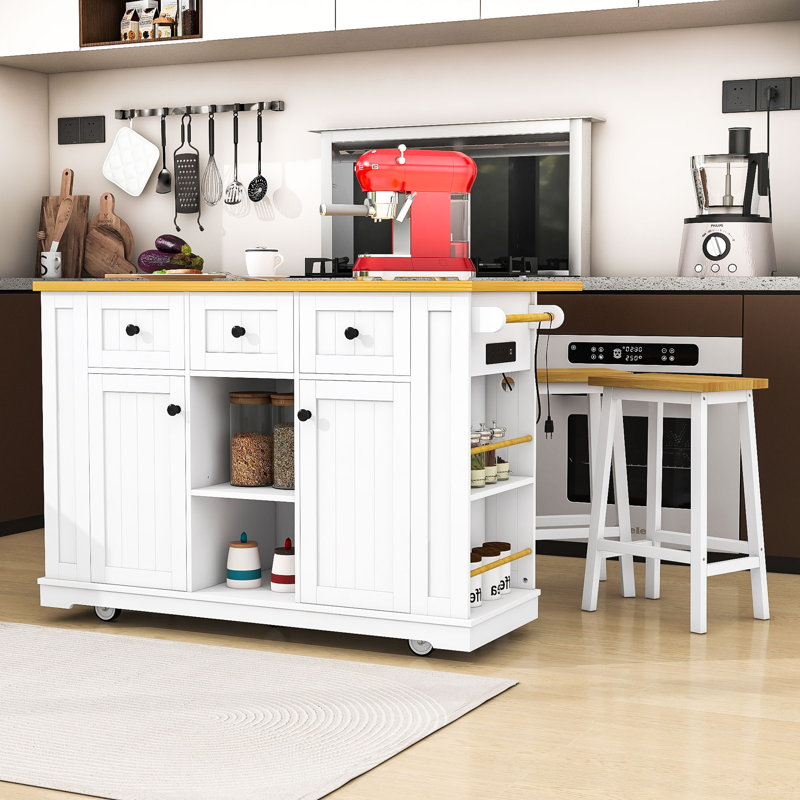 Kitchen Island with 2 Matching Bar Stools, Built-in Outlets and Ample Storage, White