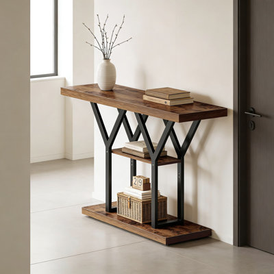 Industrial Console Table With 3-Tier Open Shelves, Y-Shaped Metal Base, Rustic Brown Finish For Entryway, Hallway, Or Behind Sofa