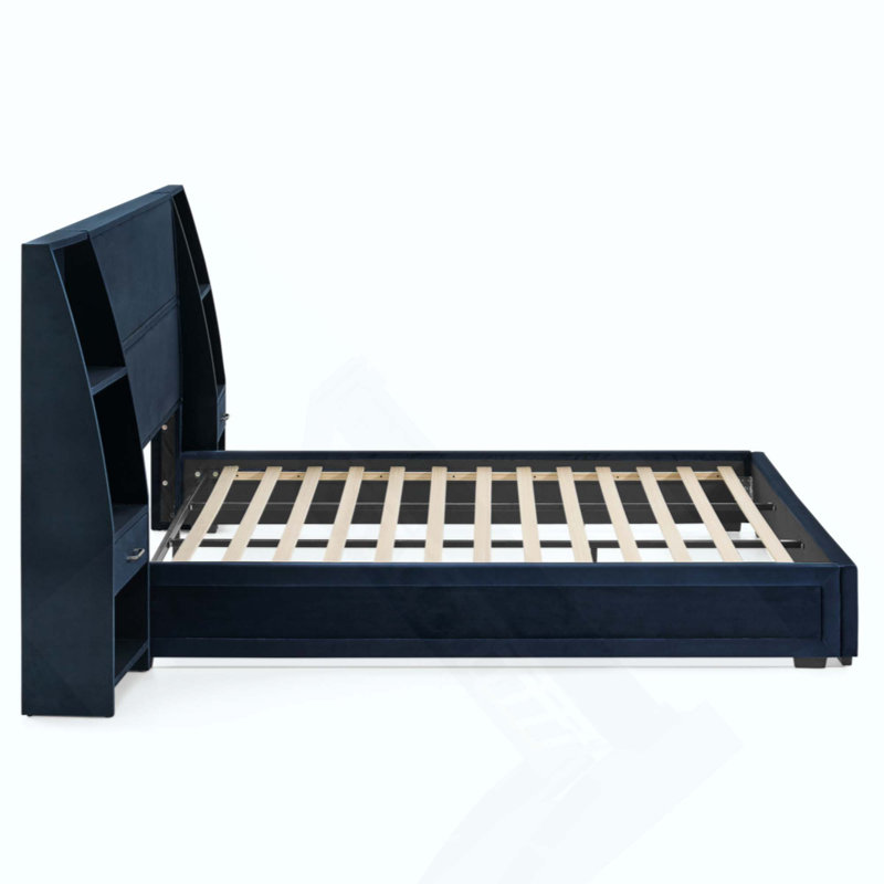 Base de lit plateforme avec rangement moderne, tête de lit en velours brillant avec bibliothèques latérales et tiroir, matelas non inclus
