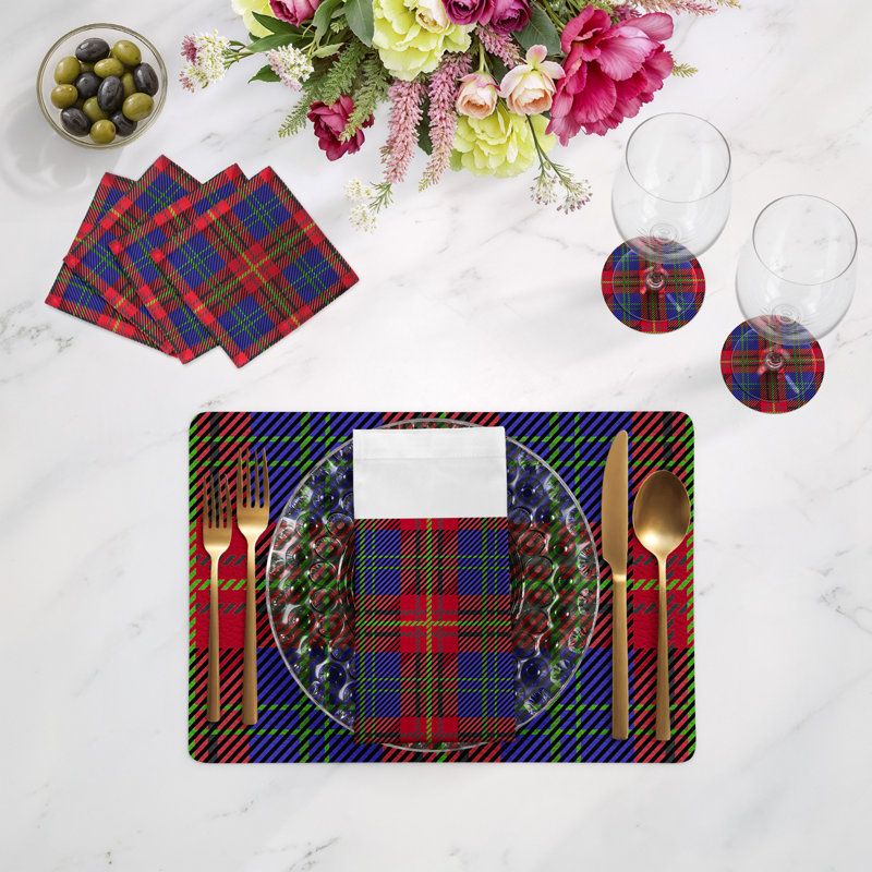 Tartan Vegan Leather Rectangle Pebble Placemat, Blue